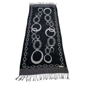 Vintage Pashmina Silk Oversized Fringed Scarf Wrap Abstract Print Black